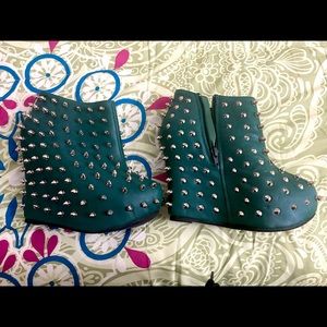 Teal spiked wedge bootie